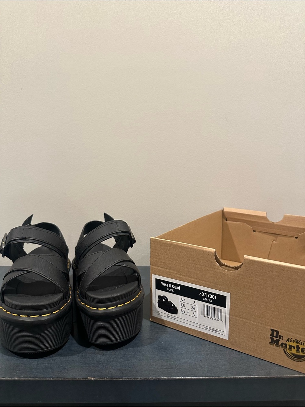 Dr. Martens Black Quad Platform Sandals with Yellow Stitching